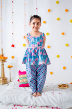 Load image into Gallery viewer, Blue Pink Floral Sleeveless Dhoti Set - Set of Two