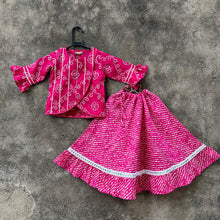 Load image into Gallery viewer, Pink Leheriya Print Lehenga with Bandhej Print Crop Top - Set of Two