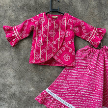 Load image into Gallery viewer, Pink Leheriya Print Lehenga with Bandhej Print Crop Top - Set of Two