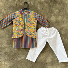 Load image into Gallery viewer, Boys Yellow Blue Jacket Kurta Set - Set of Three