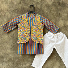 Load image into Gallery viewer, Boys Yellow Blue Jacket Kurta Set - Set of Three