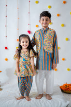 Load image into Gallery viewer, Yellow Blue Floral Striped Dhoti and Kurta Sibling Set
