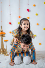 Load image into Gallery viewer, Yellow Blue Floral Striped Dhoti and Kurta Sibling Set