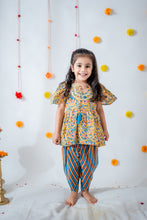 Load image into Gallery viewer, Yellow Blue Floral Striped Dhoti and Kurta Sibling Set