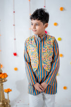 Load image into Gallery viewer, Yellow Blue Floral Striped Dhoti and Kurta Sibling Set