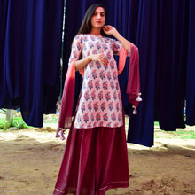 Load image into Gallery viewer, Wine and White Mughal Floral Kurta and Flared Sharara with Tie Dye Dupatta - Set of Three