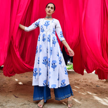 Load image into Gallery viewer, Blue Marigold Yoke Kurta And Flared Pants With Crushed Dupatta - Set Of Three