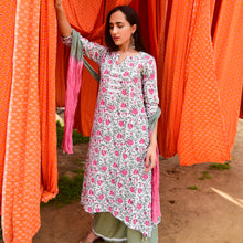 Load image into Gallery viewer, Gulbaag Asymmetric Kurta And Sage Green Palazzo With Crushed Tie And Dye Dupatta - Set Of Three