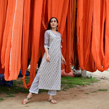 Load image into Gallery viewer, Grey Hand Block Printed Angrakha Kurta and Pants - Set of Two
