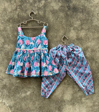 Load image into Gallery viewer, Blue Pink Floral Sleeveless Dhoti Set - Set of Two