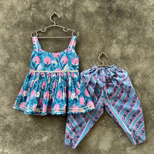 Load image into Gallery viewer, Blue Pink Floral Sleeveless Dhoti Set - Set of Two