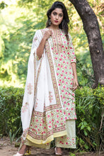 Load image into Gallery viewer, Light Green Floral Cotton Suit Set with Mul Dupatta  -Set Of Three