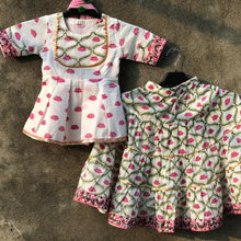 Load image into Gallery viewer, White and Pink Lotus Printed Yoke Kurta and Tiered Lehenga with Dupatta - Set of Three