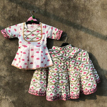 Load image into Gallery viewer, White and Pink Lotus Printed Yoke Kurta and Tiered Lehenga with Dupatta - Set of Three