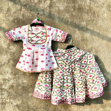 Load image into Gallery viewer, White and Pink Lotus Printed Yoke Kurta and Tiered Lehenga with Dupatta - Set of Three