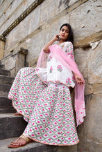 Load image into Gallery viewer, Pink and White Lotus Cotton Sharara Set - Set of Three