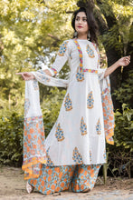 Load image into Gallery viewer, Marigold Mughal Print Cotton Suit Set with Chiffon Dupatta- Set of Three
