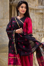 Load image into Gallery viewer, Pink and Black Tie-Dye Chanderi Kurta and Pants with Dupatta - Set of Three