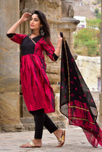Load image into Gallery viewer, Pink and Black Tie-Dye Chanderi Kurta and Pants with Dupatta - Set of Three