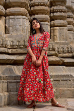 Load image into Gallery viewer, Red Floral Cotton Jaal Dress