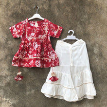 Load image into Gallery viewer, Red Bloom Peplum Cotton Top With White Mul Sharara - Set Of Two