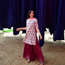 Load image into Gallery viewer, Wine and White Mughal Floral Kurta and Flared Sharara with Tie Dye Dupatta - Set of Three