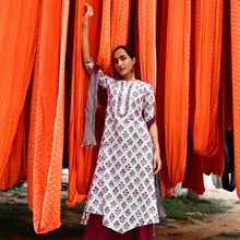 Load image into Gallery viewer, Burgundy Mughal Motif Asymmetric Kurta and Mulmul Palazzo with Crushed Tie and Dye Dupatta - Set Of Three
