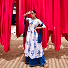 Load image into Gallery viewer, Blue Marigold Yoke Kurta And Flared Pants With Crushed Dupatta - Set Of Three