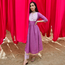 Load image into Gallery viewer, Purple and Pink Yoke Kurta and Mulmul Slip with Hand Block Printed Pants - Set of Three