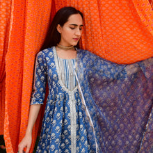 Load image into Gallery viewer, Indigo Rozana Mughal Hand Block Printed Kurta and Afghan Pant with Hand Printed Kota Dupatta - Set Of Three