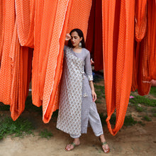 Load image into Gallery viewer, Grey Hand Block Printed Angrakha Kurta and Pants - Set of Two