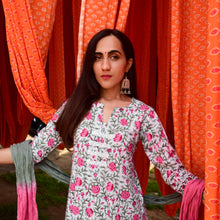 Load image into Gallery viewer, Gulbaag Asymmetric Kurta And Sage Green Palazzo With Crushed Tie And Dye Dupatta - Set Of Three