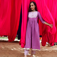 Load image into Gallery viewer, Purple and Pink Yoke Kurta and Mulmul Slip with Hand Block Printed Pants - Set of Three
