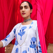 Load image into Gallery viewer, Blue Marigold Yoke Kurta And Flared Pants With Crushed Dupatta - Set Of Three