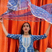 Load image into Gallery viewer, Indigo Rozana Mughal Hand Block Printed Kurta and Afghan Pant with Hand Printed Kota Dupatta - Set Of Three