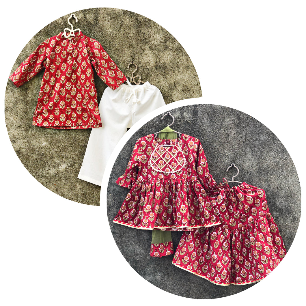 Crimson Red Cotton Festive Sets for Siblings