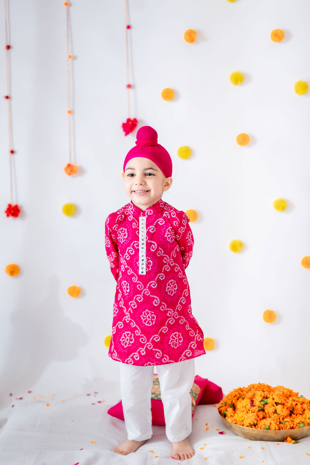 Boys Pink Leheriya Print Kurta Set