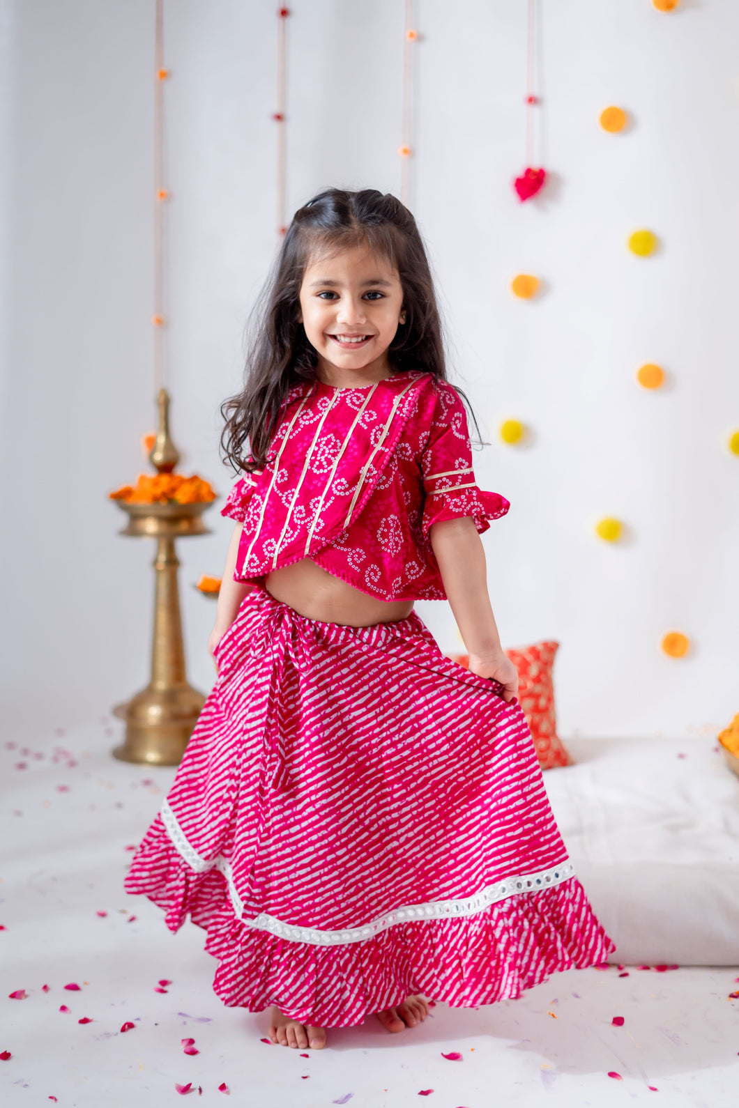 Pink Leheriya Print Lehenga with Bandhej Print Crop Top - Set of Two