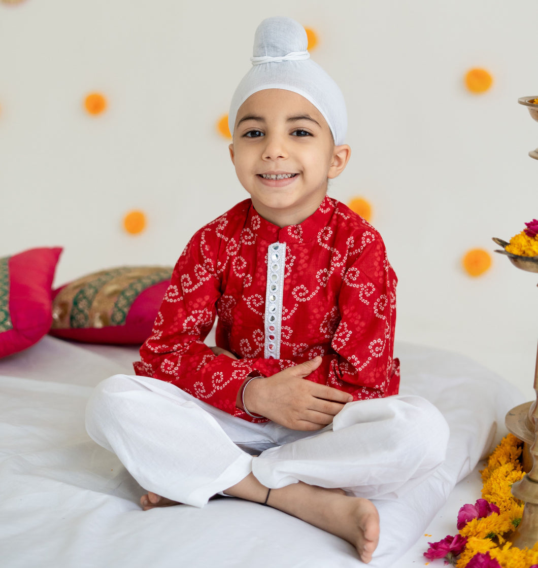 Boys Red Bandhej Festive Kurta Set