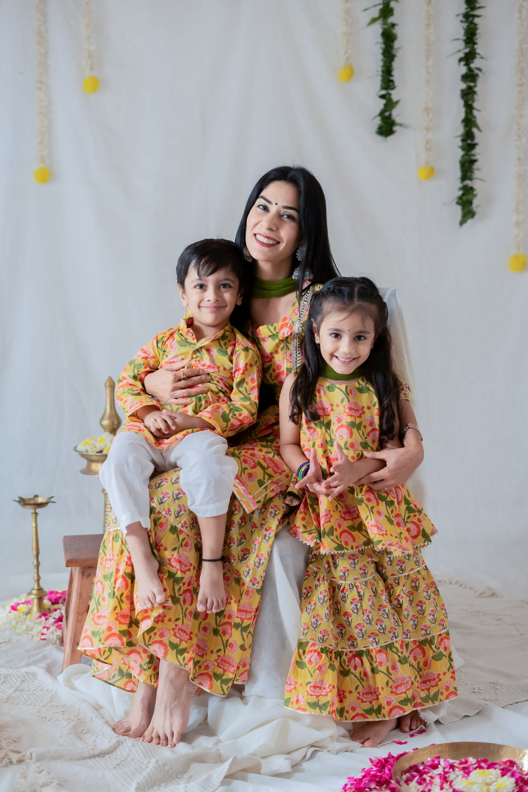 Yellow Lotus Printed Festive Set- Mom and Me
