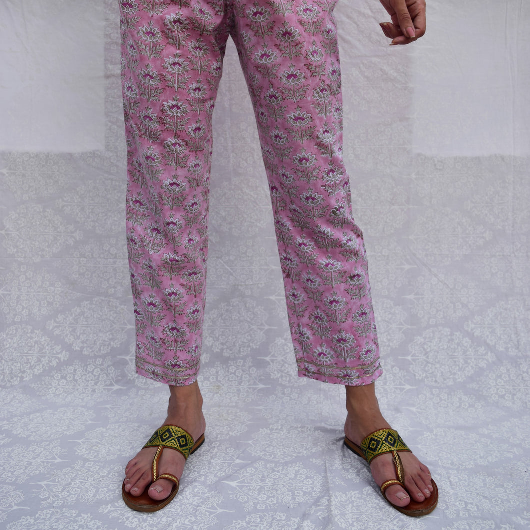 Light Pink Cotton Printed Straight Pants