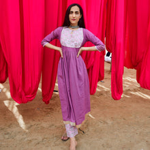 Load image into Gallery viewer, Purple and Pink Yoke Kurta and Mulmul Slip with Hand Block Printed Pants - Set of Three
