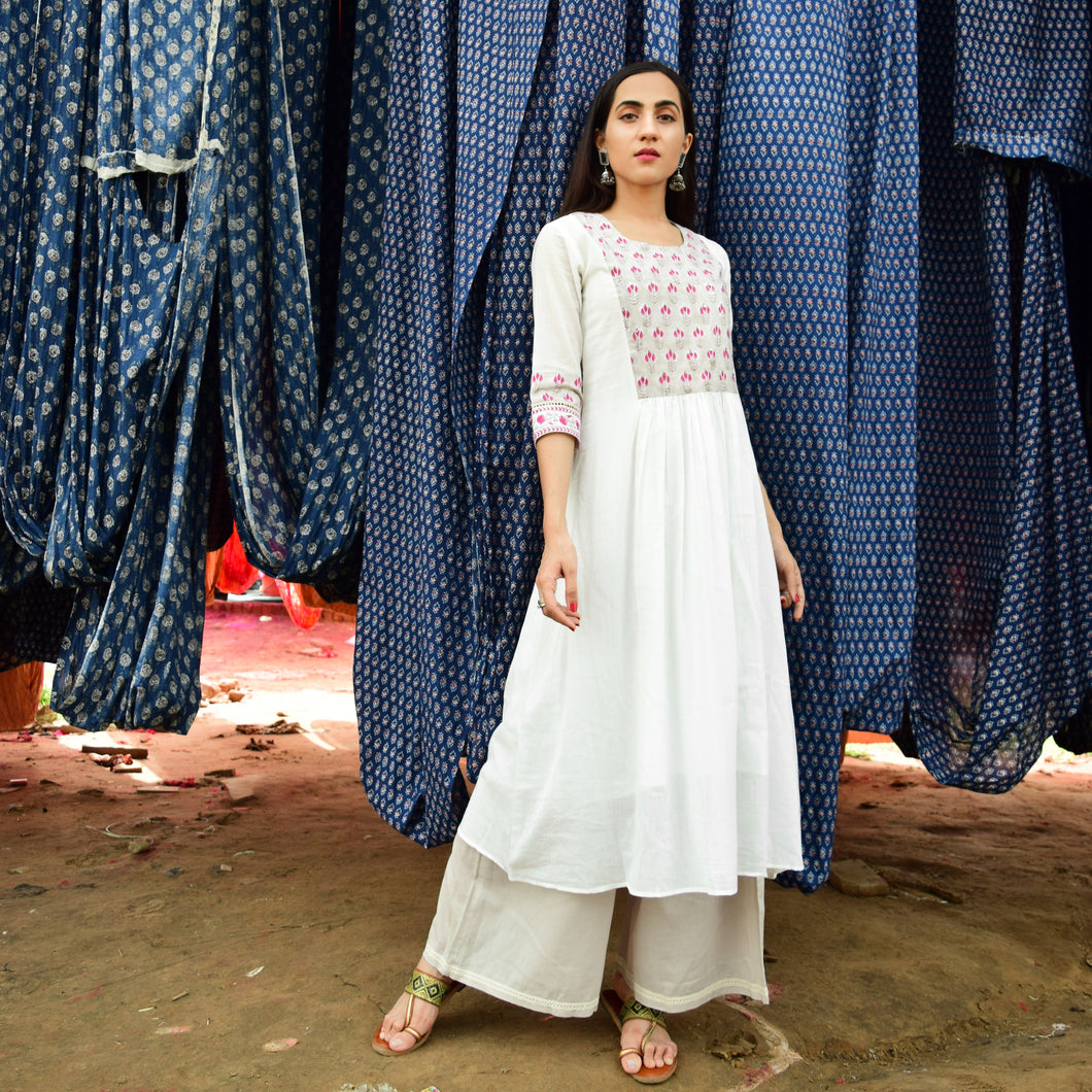 Pristine White Mulmul Hand Block Printed Mughal Yoke Kurta and Mulmul Slip with Mulmul Palazzo - Set of Three