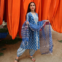 Load image into Gallery viewer, Indigo Rozana Mughal Hand Block Printed Kurta and Afghan Pant with Hand Printed Kota Dupatta - Set Of Three
