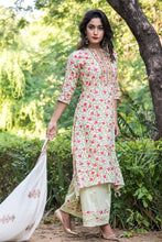 Load image into Gallery viewer, Light Green Floral Cotton Suit Set with Mul Dupatta  -Set Of Three
