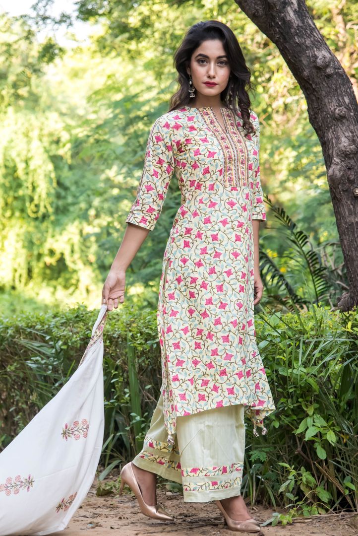 Light Green Floral Cotton Suit Set with Mul Dupatta  -Set Of Three