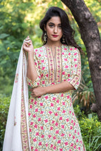 Load image into Gallery viewer, Light Green Floral Cotton Suit Set with Mul Dupatta  -Set Of Three
