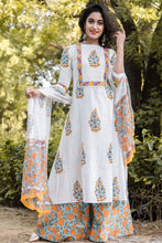 Load image into Gallery viewer, Marigold Mughal Print Cotton Suit Set with Chiffon Dupatta- Set of Three
