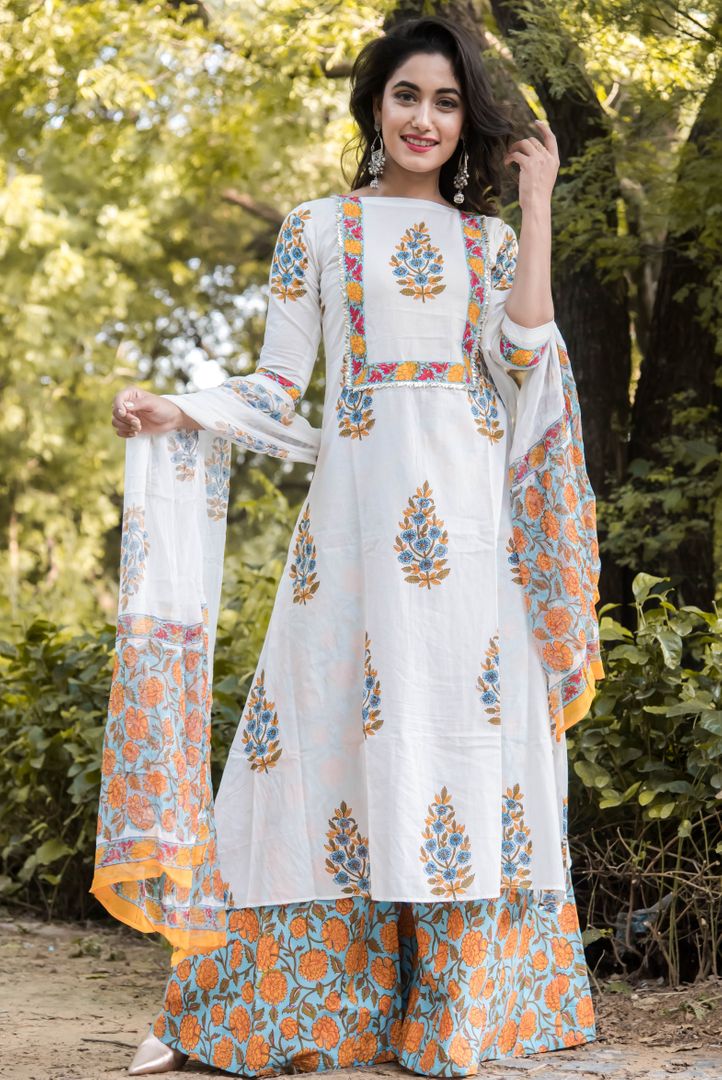 Marigold Mughal Print Cotton Suit Set with Chiffon Dupatta- Set of Three