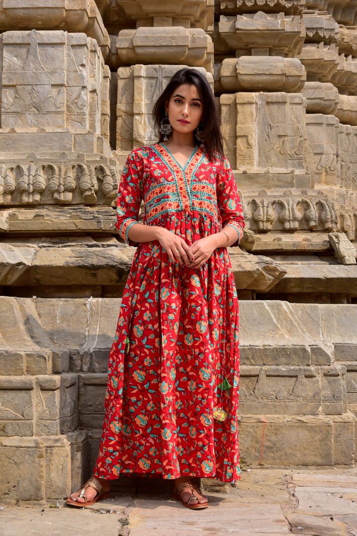 Red Floral Cotton Jaal Dress